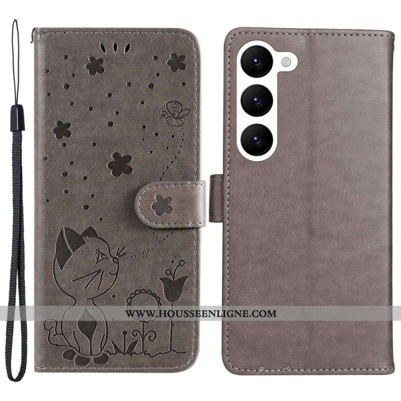 Housse Samsung Galaxy S23 5G Chat et Abeilles à Lanière