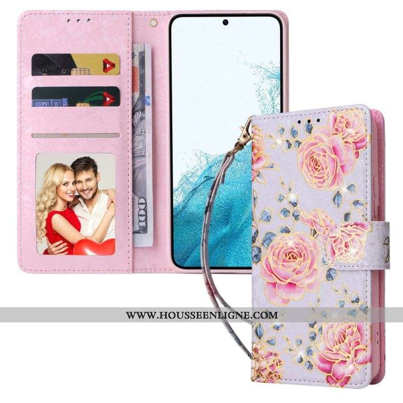 Housse Samsung Galaxy S23 5G Fleurs RFID avec Lanière