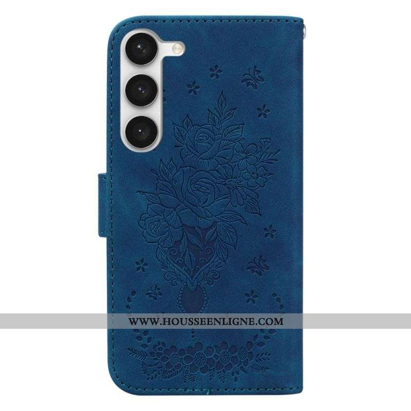 Housse Samsung Galaxy S23 5G Roses et Papillons à Lanière