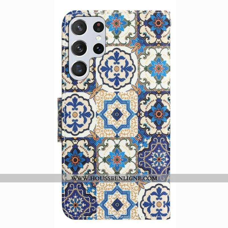 Housse Samsung Galaxy S23 Ultra 5G Patchwork à Lanière