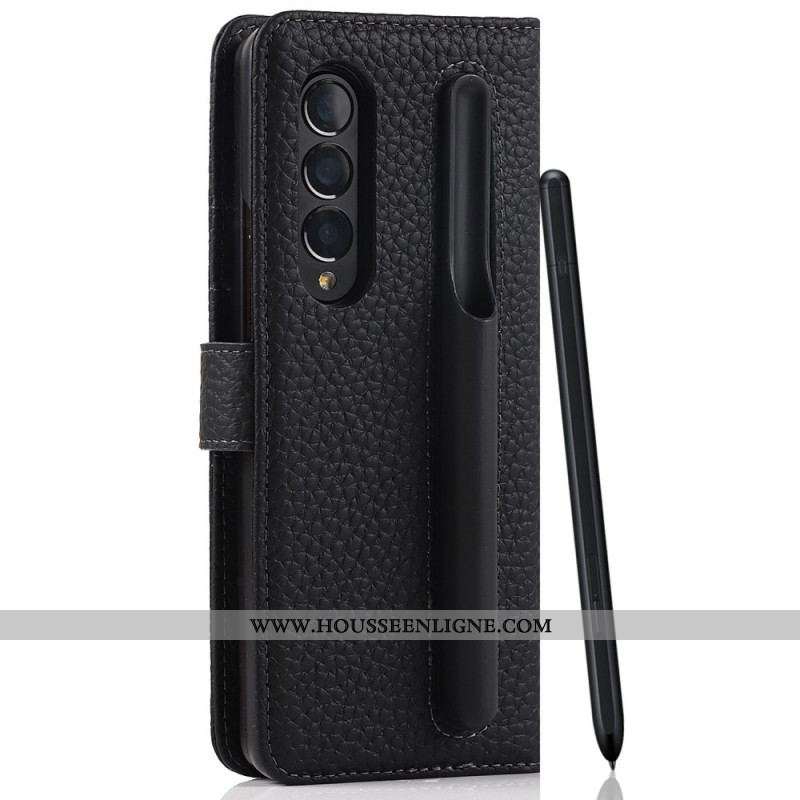 Housse Samsung Galaxy Z Fold 3 5G Véritable Cuir Litchi Porte-Stylet