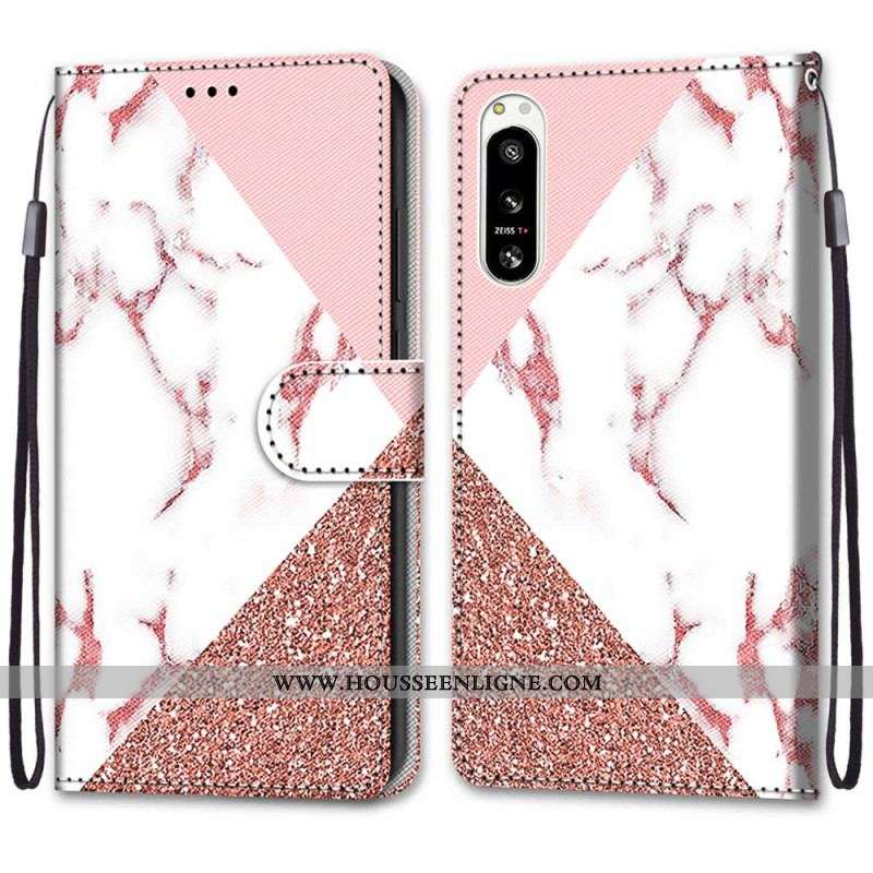 Housse Sony Xperia 5 IV Triangle en Marbre et Paillettes