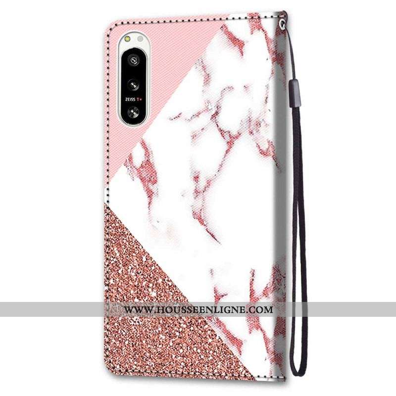 Housse Sony Xperia 5 IV Triangle en Marbre et Paillettes