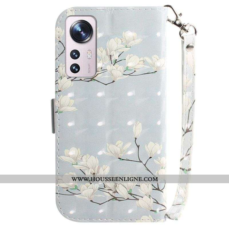 Housse Xiaomi 12 / 12X Fleurs Blanches à Lanière