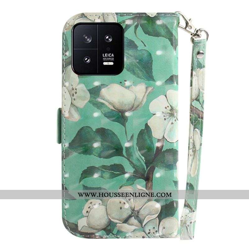 Housse Xiaomi 13 Fleurs Blanches à Lanière