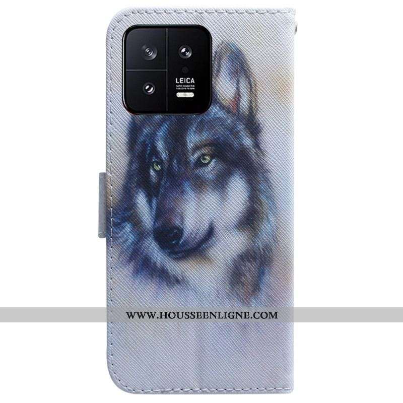 Housse Xiaomi 13 Loup Aquarelle à Lanière