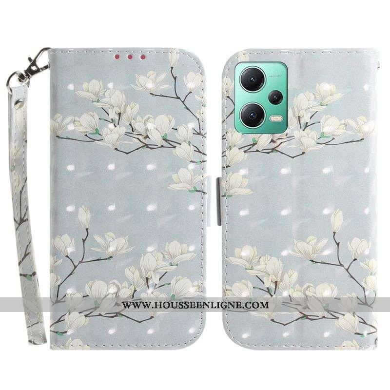 Housse Xiaomi Redmi Note 12/Poco X5 5G Fleurs Blanches à Lanière