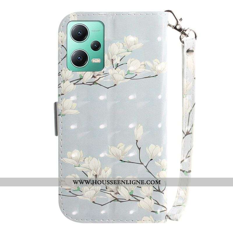 Housse Xiaomi Redmi Note 12/Poco X5 5G Fleurs Blanches à Lanière