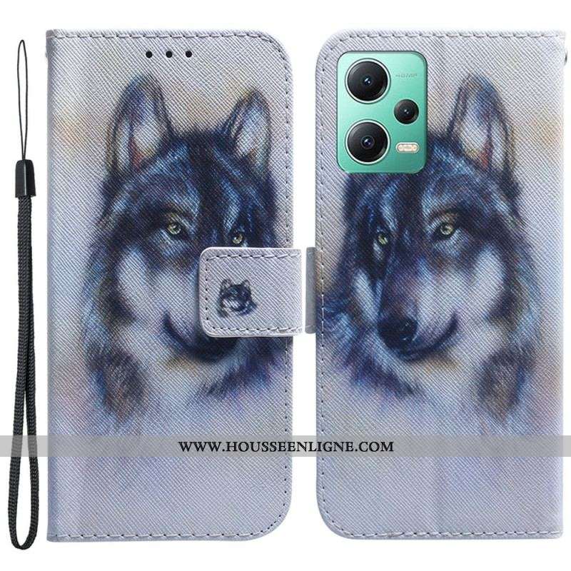 Housse Xiaomi Redmi Note 12/Poco X5 5G Loup Aquarelle à Lanière