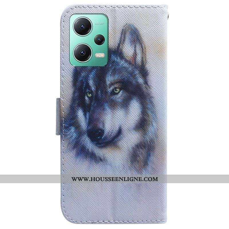 Housse Xiaomi Redmi Note 12/Poco X5 5G Loup Aquarelle à Lanière