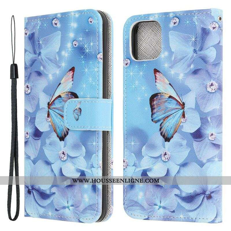 Housse iPhone 13 Mini Papillons Diamants à Lanière