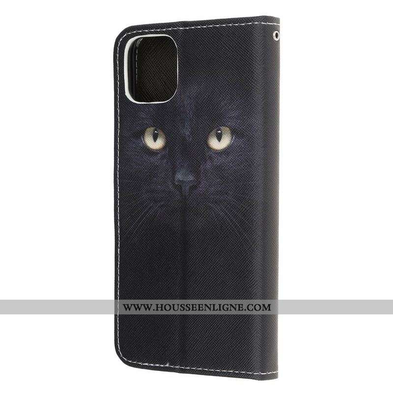 Housse iPhone 13 Mini Yeux de Chat Noir à Lanière