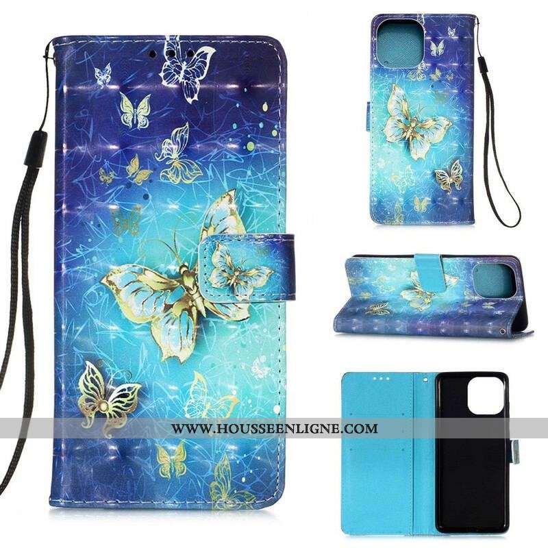 Housse iPhone 13 Pro Papillons Dorés Lanière