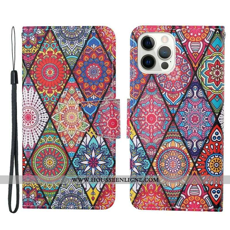 Housse iPhone 13 Pro Patchwork avec Lanière