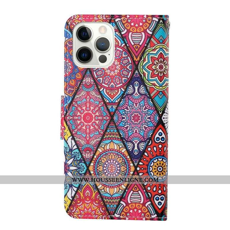 Housse iPhone 13 Pro Patchwork avec Lanière