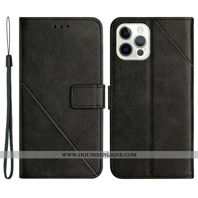 Housse iPhone 13 Pro Style Cuir Géométrique à Lanière