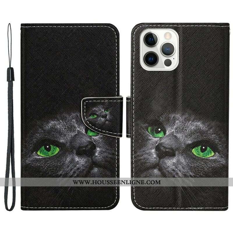 Housse iPhone 13 Pro Yeux de Chat Verts avec Lanière