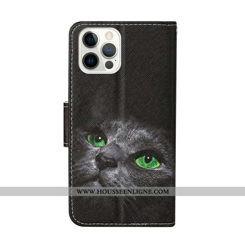 Housse iPhone 13 Pro Yeux de Chat Verts avec Lanière