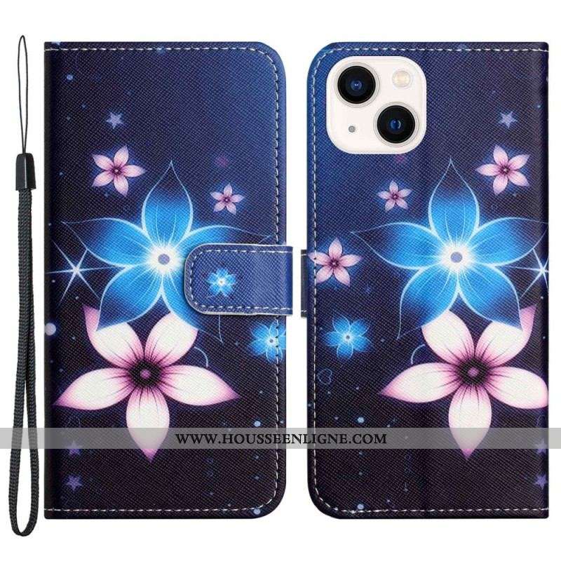 Housse iPhone 14 Plus Fleurs Lunaires à Lanière