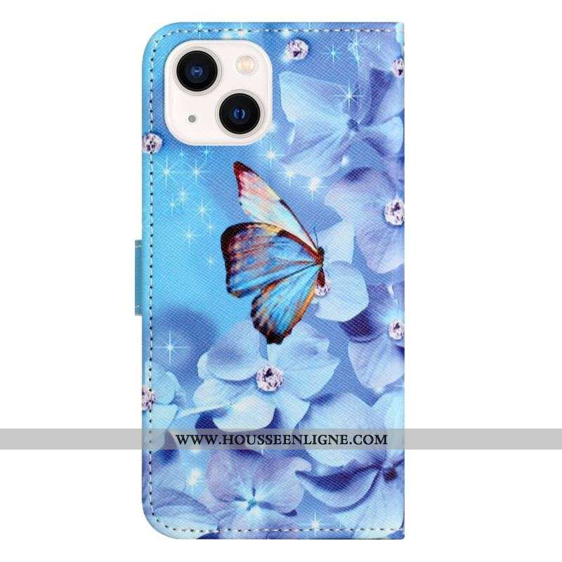 Housse iPhone 14 Plus Papillons Diamants à Lanière