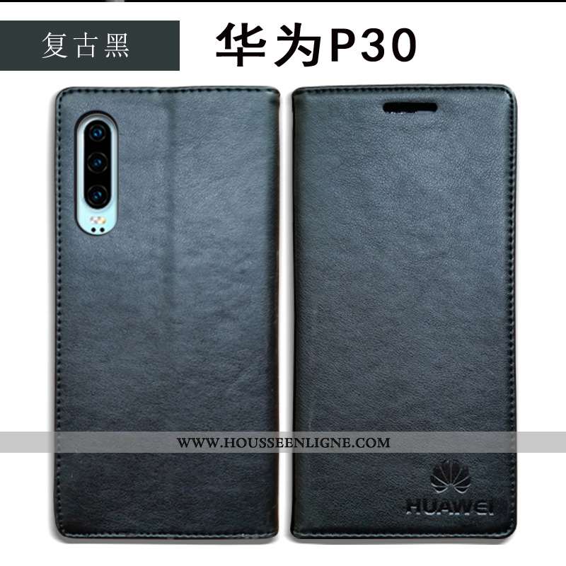 Coque Huawei P30 Cuir Protection Véritable Bleu Marin Rouge Étui Antidérapant Bleu Foncé