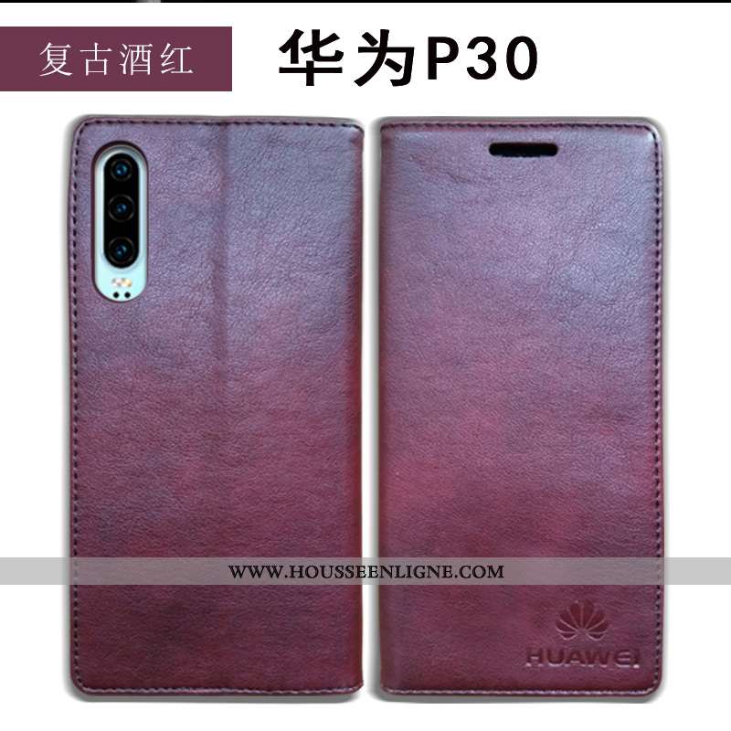 Coque Huawei P30 Cuir Protection Véritable Bleu Marin Rouge Étui Antidérapant Bleu Foncé