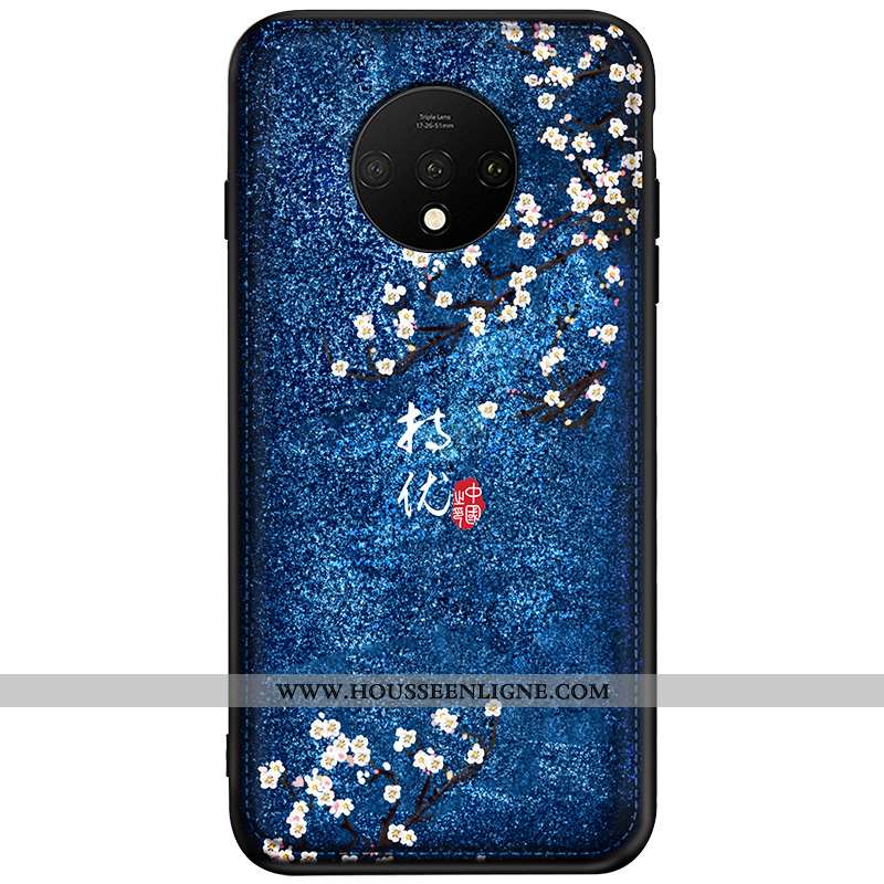 Housse Oneplus 7t Modèle Fleurie Personnalité Cuir Coque Net Rouge Gaufrage Bleu