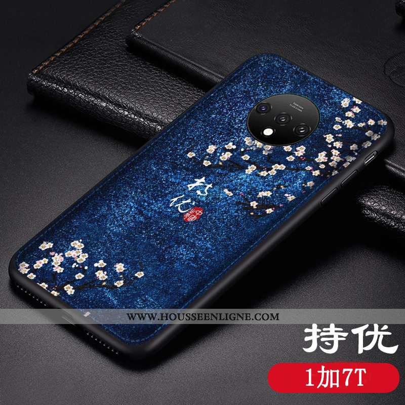 Housse Oneplus 7t Modèle Fleurie Personnalité Cuir Coque Net Rouge Gaufrage Bleu