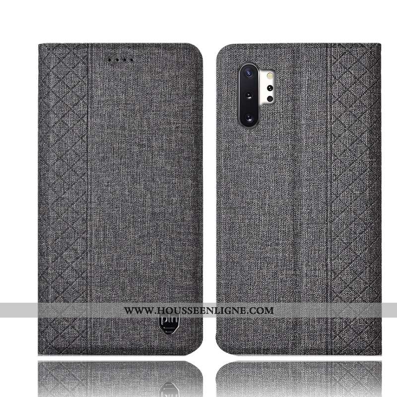 Housse Samsung Galaxy Note 10+ Cuir Protection Étui Étoile Téléphone Portable Lin Coque Gris