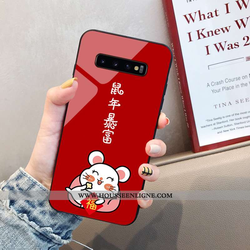 Étui Samsung Galaxy S10+ Fluide Doux Verre Dessin Animé Incassable Tendance Rouge Téléphone Portable