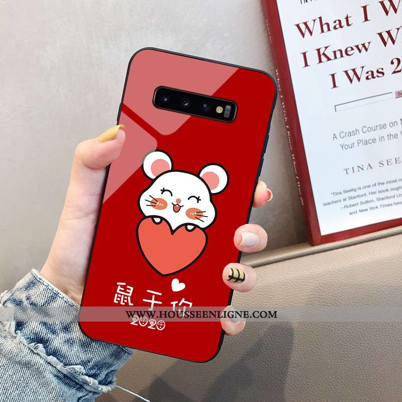 Étui Samsung Galaxy S10+ Fluide Doux Verre Dessin Animé Incassable Tendance Rouge Téléphone Portable