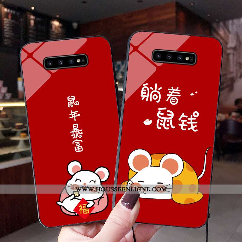 Étui Samsung Galaxy S10+ Fluide Doux Verre Dessin Animé Incassable Tendance Rouge Téléphone Portable