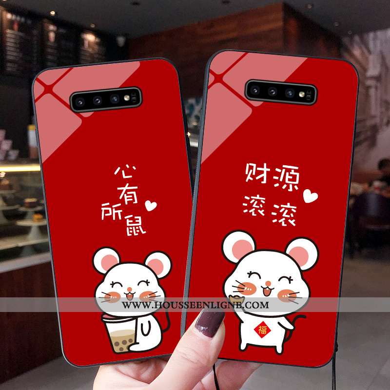 Étui Samsung Galaxy S10+ Fluide Doux Verre Dessin Animé Incassable Tendance Rouge Téléphone Portable