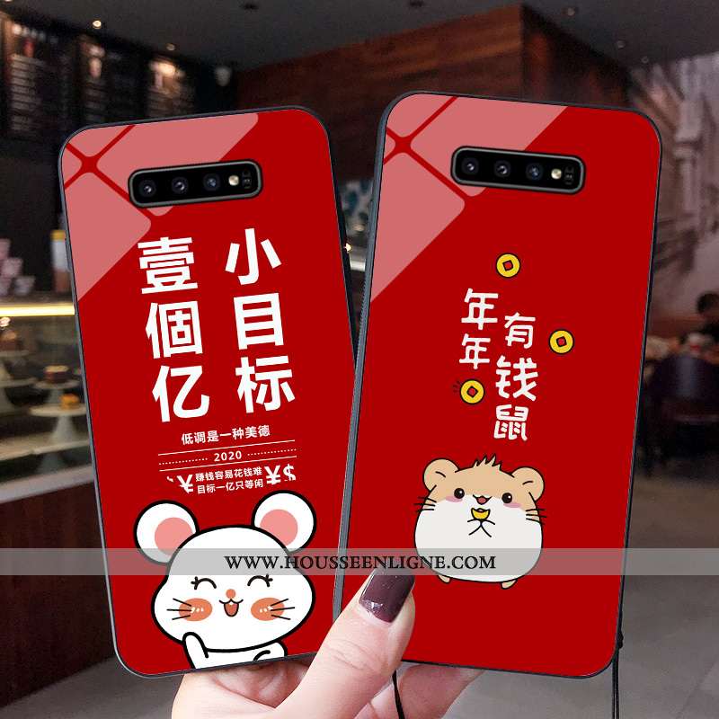 Étui Samsung Galaxy S10+ Fluide Doux Verre Dessin Animé Incassable Tendance Rouge Téléphone Portable