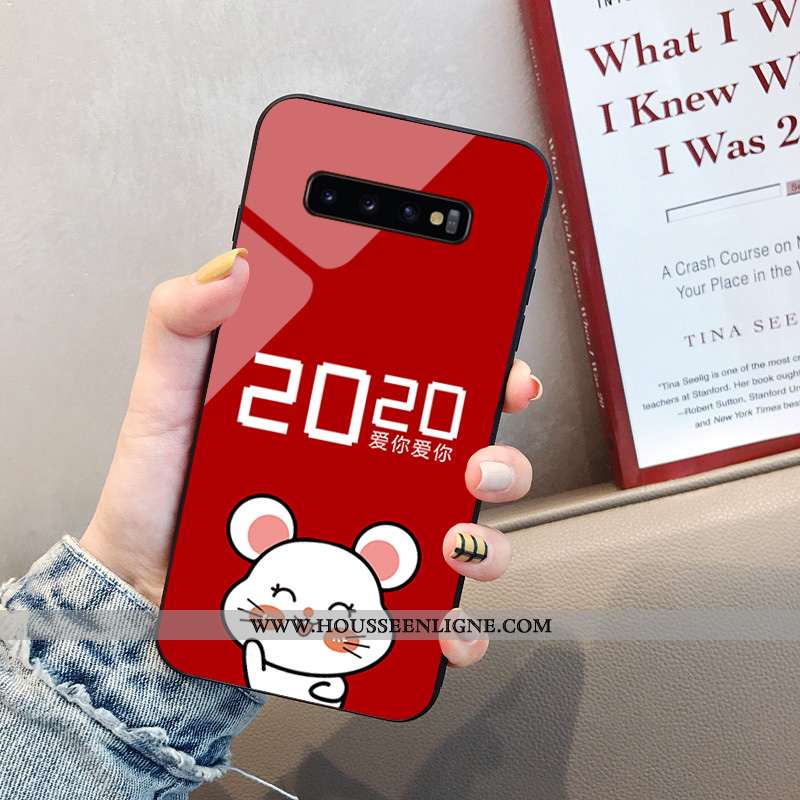 Étui Samsung Galaxy S10+ Fluide Doux Verre Dessin Animé Incassable Tendance Rouge Téléphone Portable