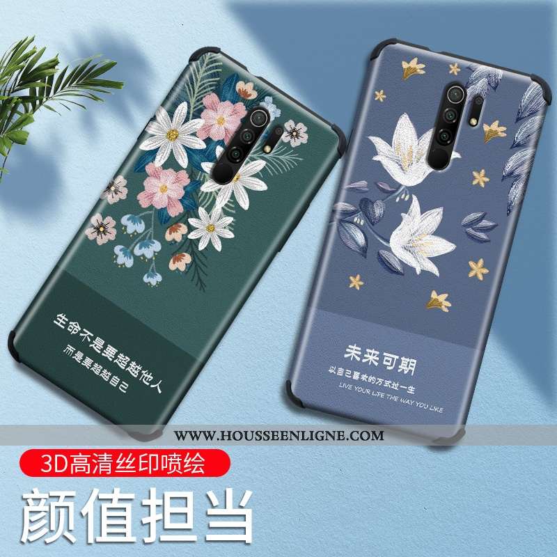 Housse Xiaomi Redmi 9 Vintage Ultra Simple Fleur Vert Mode Silicone Verte