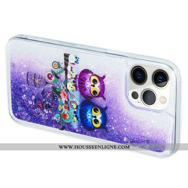 Coque iPhone 15 Pro Max Paillettes Couple de Hiboux