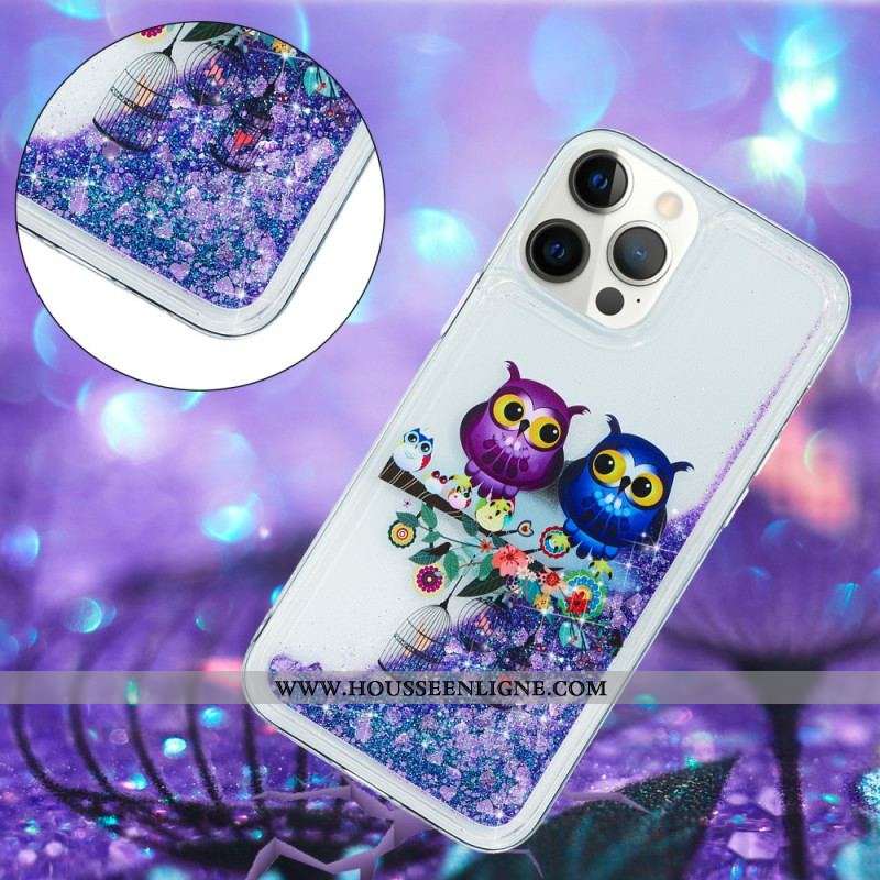 Coque iPhone 15 Pro Max Paillettes Couple de Hiboux