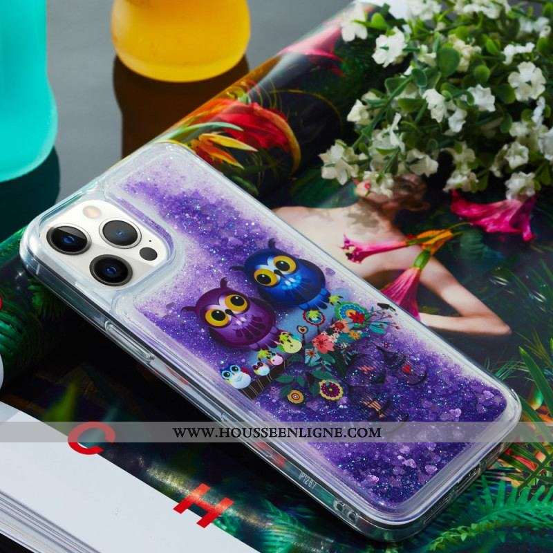 Coque iPhone 15 Pro Max Paillettes Couple de Hiboux