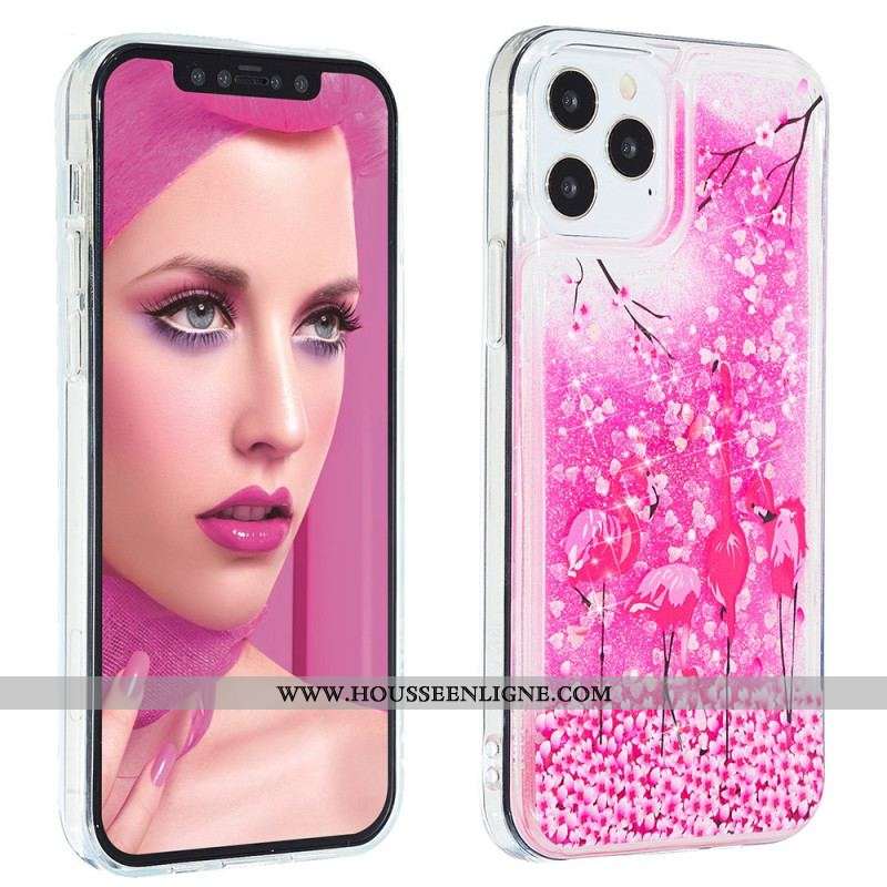 Coque iPhone 15 Pro Max Paillettes Flamants Roses