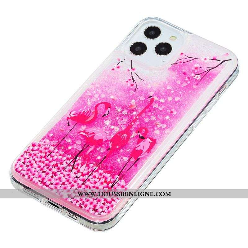 Coque iPhone 15 Pro Max Paillettes Flamants Roses