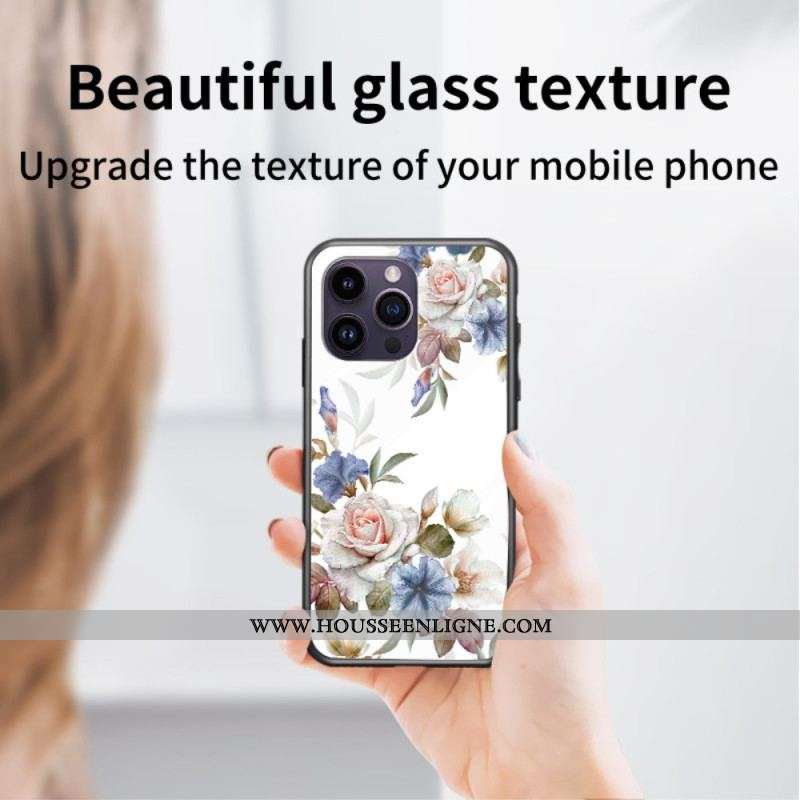 Coque iPhone 15 Pro Max Verre Trempé Floral avec Anneau-Support