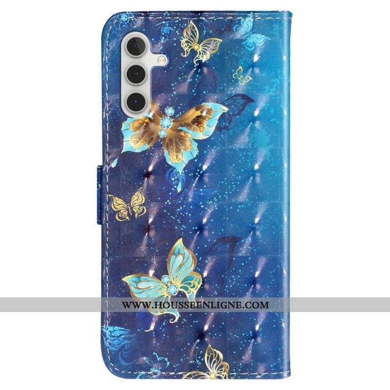 Housse Samsung Galaxy A14 5G / A14 Papillons Dorés à Lanière