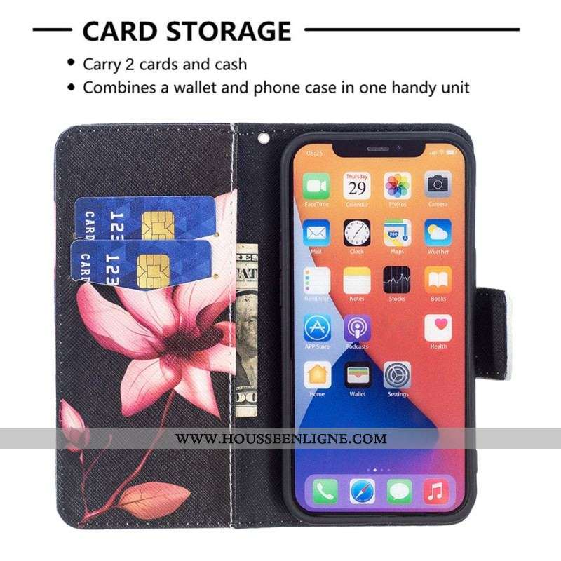 Housse iPhone 15 Fleur Rose sur Fond Noir