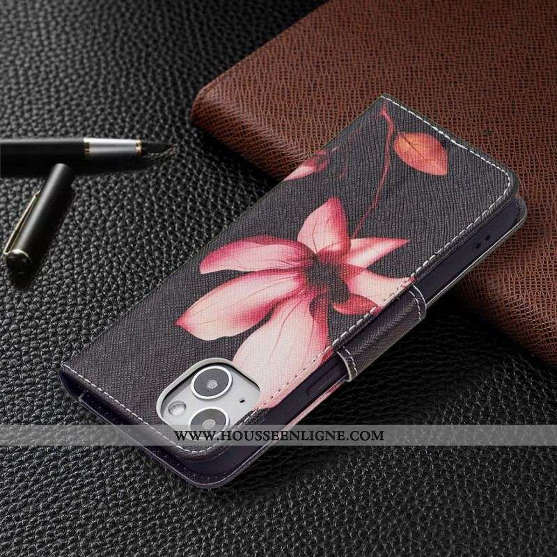 Housse iPhone 15 Fleur Rose sur Fond Noir