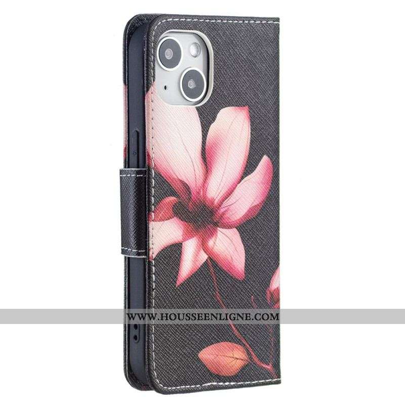 Housse iPhone 15 Fleur Rose sur Fond Noir