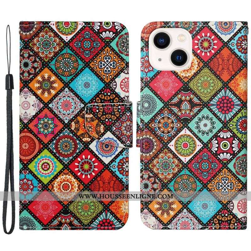 Housse iPhone 15 Joli Patchwork à Lanière