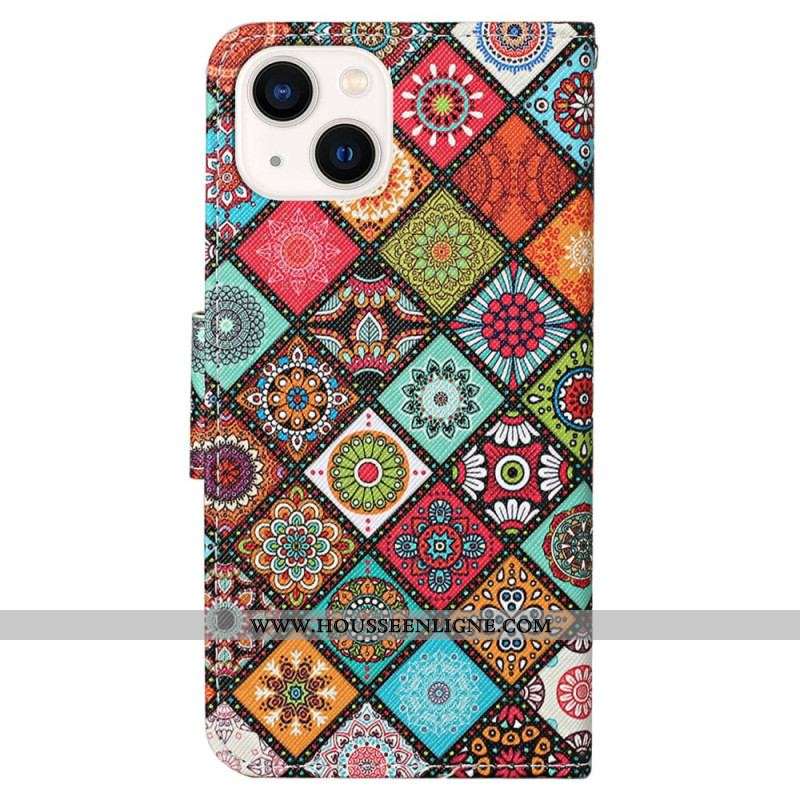 Housse iPhone 15 Joli Patchwork à Lanière