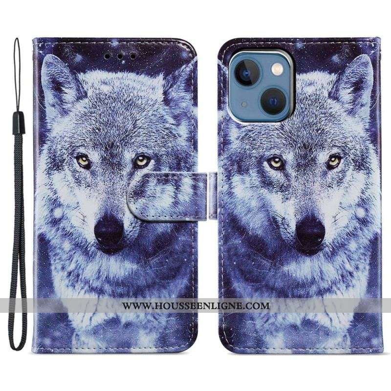 Housse iPhone 15 Loup Blanc à Lanière