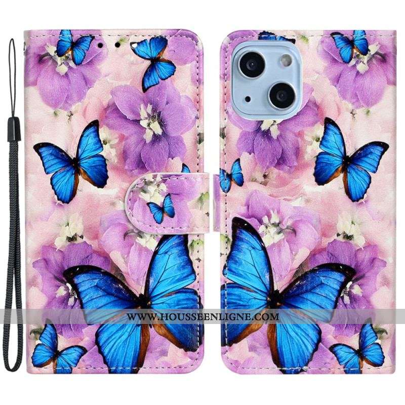 Housse iPhone 15 Petits Papillons Bleus à Lanière